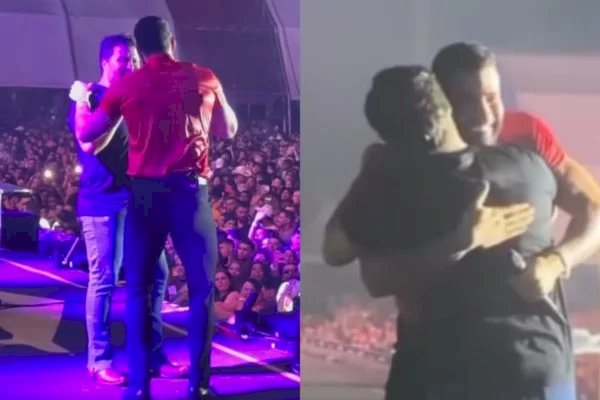 Gusttavo Lima e Eduardo Costa se abraçam em palco e celebram parceria